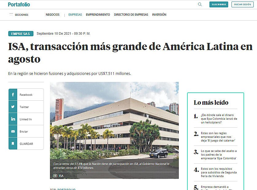 ISA, transaccin ms grande de Amrica Latina en agosto